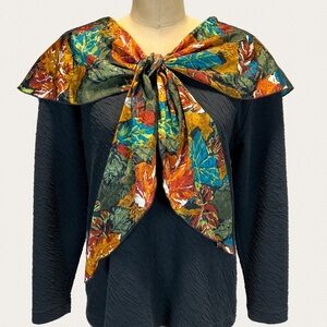 VINTAGE 80s bold statement scarf bow tie neck long sleeve‎ top shirt floral fall